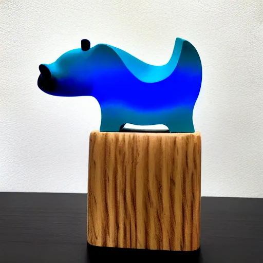 Image similar to a beautiful!!!!! minimalist curvy shaped small sculpture of hippopotamus!!!, ( ( wood ) ) and ( ( blue epoxy ) ), cubic blocks mix stripes cuts, side view profile centered, curves design, minimal, ambient, wood r