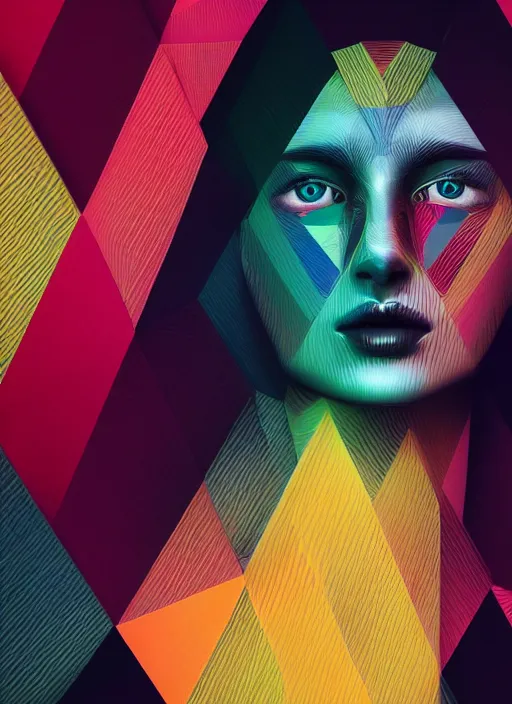 Prompt: a future woman face as colorful geometric patterns, intricate, highly detailed, volumetric dramatic light, dark black background, sharp focus, highly realistic, octane render