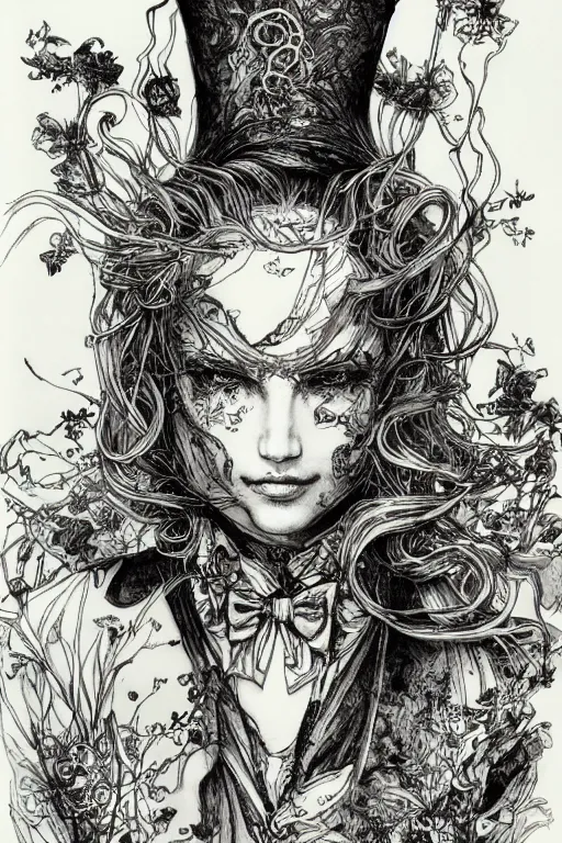 Image similar to portrait Alice in wonderland tarot card , pen and ink, intricate line drawings, by Yoshitaka Amano, Ruan Jia, Kentaro Miura, Artgerm, watercolor