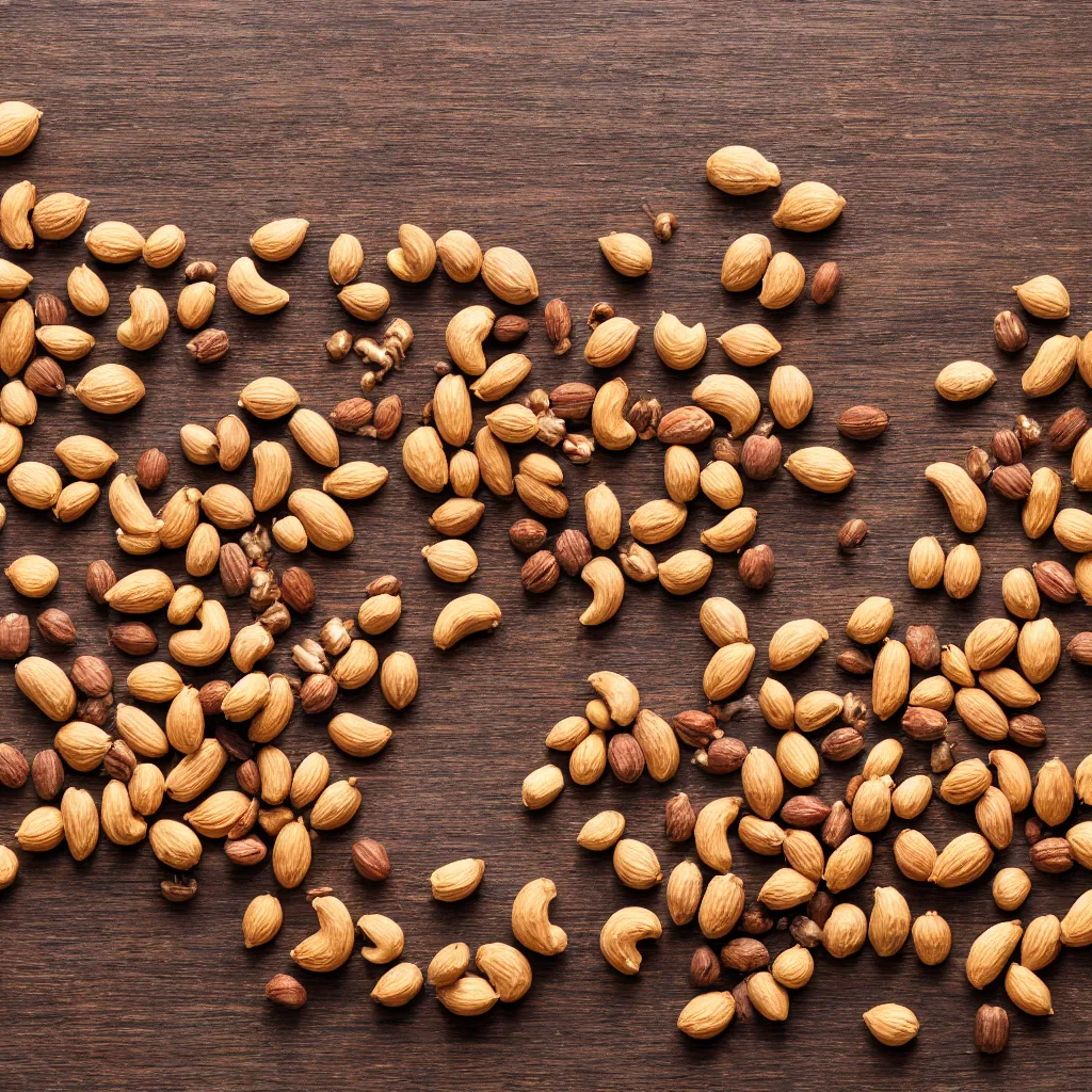 Prompt: top-down view with nuts on top of a wooden table, wallpaper, 4k, photorealistic