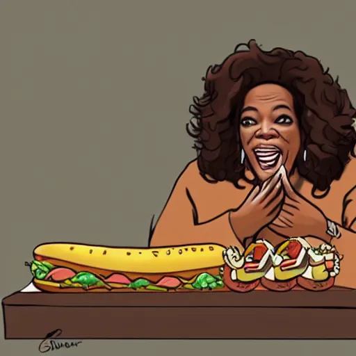 Image similar to security cam footage of oprah winfrey doing a kickflip while eating a huge hotdog by stuart brown and greg rutowski artstation