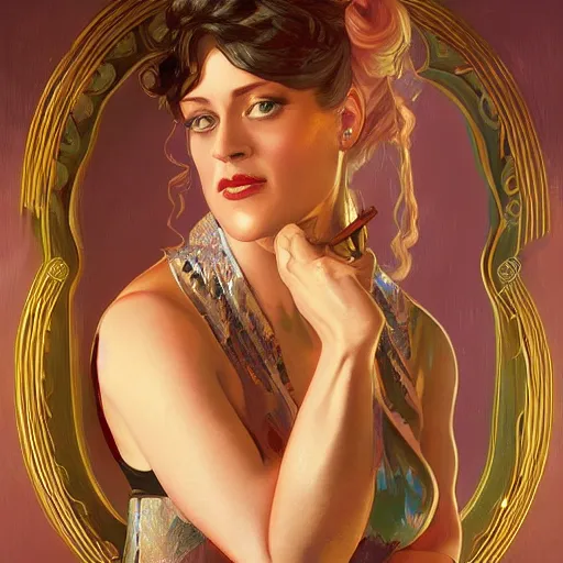 Image similar to Olivia Taylor Dudley as a lounge singer at a bar, intricate, elegant. highly detailed, digital painting, artstation, concept art, smooth, sharp, focus, illustration, art by artgerm and greg rutkowski and alphonse mucha
