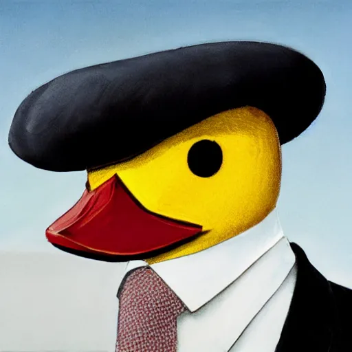 Image similar to a high detail photo of a man with a duck's head wearing a suit, photorealism