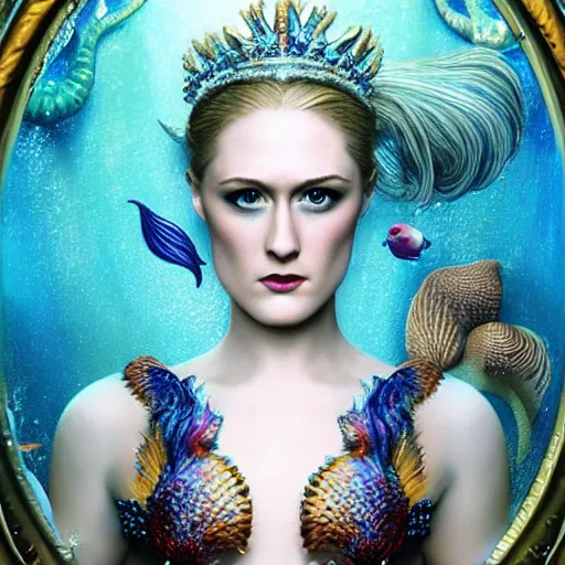 Prompt: evan rachel wood portrait, fantasy, mermaid, hyperrealistic, game character, underwater, highly detailed, sharp focus, cinematic lighting, pearls, glowing hair, shells, gills, crown, water, highlights, starfish, jewelry, realistic, digital art, pastel, magic, fiction, ocean, king, colorful hair, sparkly eyes, fish, heroic, goddess, waves, bubbles, queen