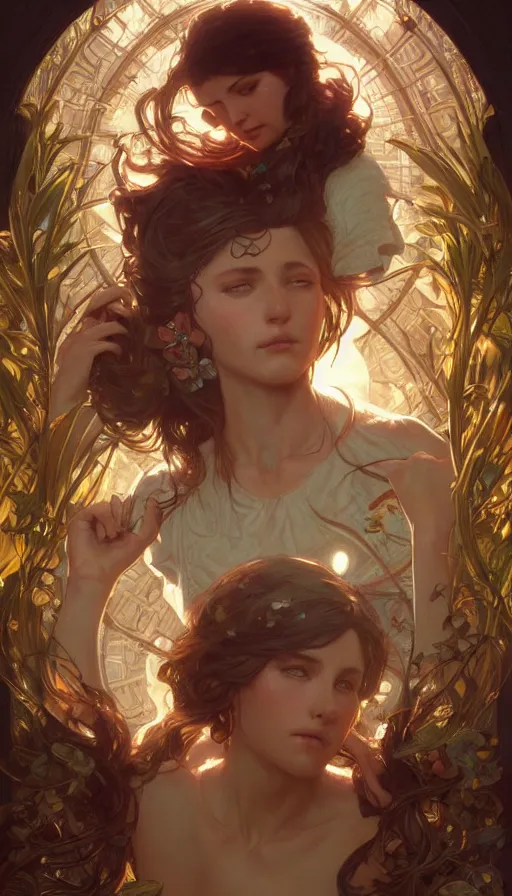 Image similar to love, heartbreak, fibonacci, sweat drops, insane, intricate, highly detailed, digital painting, artstation, concept art, smooth, sharp focus, illustration, Unreal Engine 5, 8K, art by artgerm and greg rutkowski and alphonse mucha