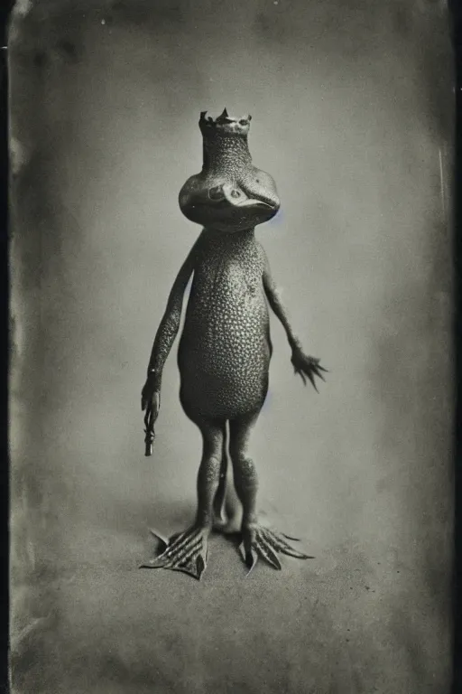 Image similar to a wet plate photo of an anthropomorphic newt king