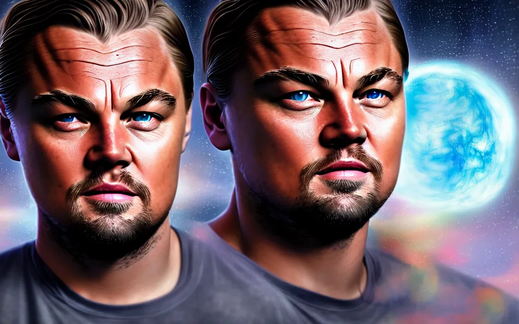 Image similar to centered detailed portrait of leonardo dicaprio in don't look up, futuristic, details, intricate, octane render, redshift, smooth, illustration, fairy lighting, stars and planets in the background, hyperrealistic, by dmitry prozorov, loish, and wlop, trending on artstation, hyperdetailed, hyperrealism