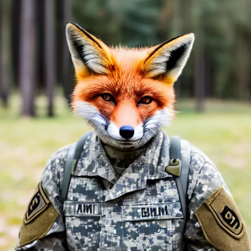 Image similar to a fox animal dressed in a modern american military soldier uniform, 8 5 mm f / 1. 4