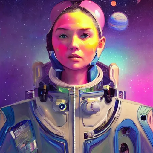 Prompt: colorful character portrait a woman in a space suit among the stars, set in the future 2 1 5 0, highly detailed face, very intricate, symmetrical, cinematic lighting, award - winning, painted by mandy jurgens, pan futurism, dystopian, bold colors, cyberpunk, groovy vibe, anime aesthetic, featured on artstation
