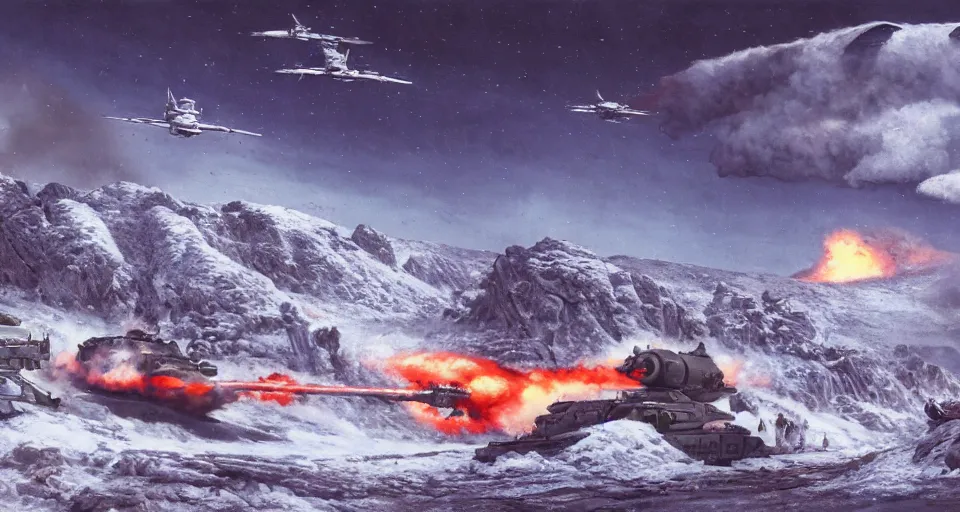 Image similar to snowy mountain, second world war fighting against ufo, aliens, tanks, jet fighters, missiles, with anti aircraft guns, with fire and smoke in the background by eugene von guerard, ivan shishkin, dramatic lighting, concept art, trending on artstation, 8 k