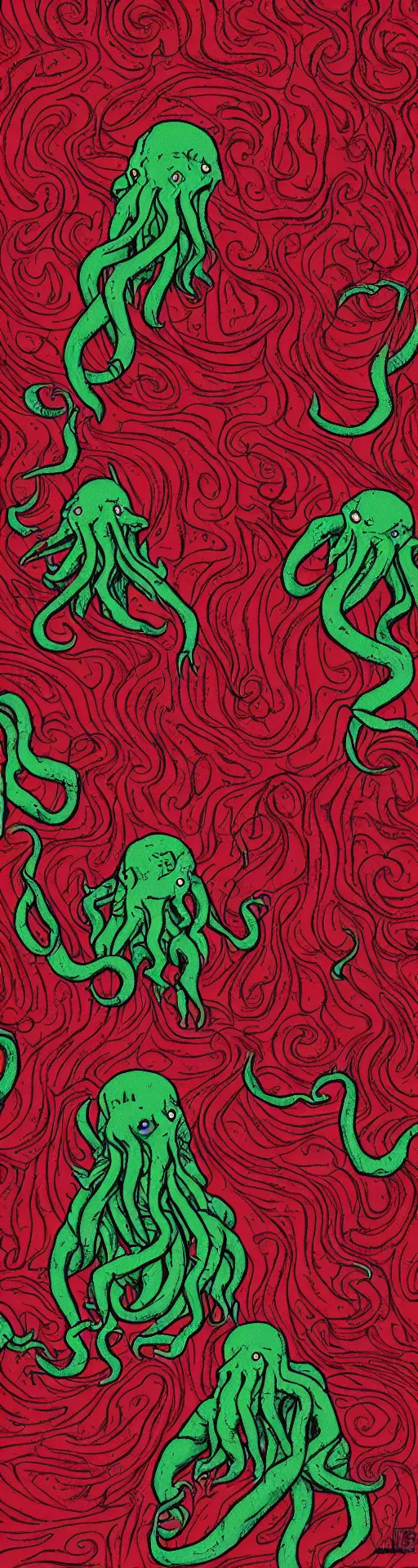 Image similar to Cthulhu lost inside the red room from Twin Peaks while David Lynch laughs in the background, fractal tile across the floor, Bob, mike judge art style, 90s mtv illustration