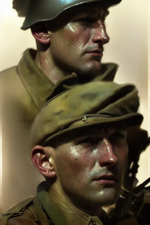 Image similar to hyperrealist portrait of a ww 2 soldier by jeremy mann and alphonse mucha, photo realistic, dynamic lighting, artstation, poster, volumetric lighting, very detailed faces, 4 k, award winning