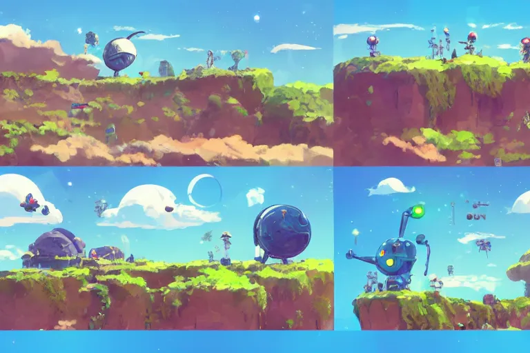 Image similar to computer game art, a flying buddy robot nearby, a small planet in the future, a Tinker's shack on a barren planet, wild berry vines, a berry farm, space junk, volcanoes, in the style of studio ghibli and No Man's Sky and Breath of the Wild