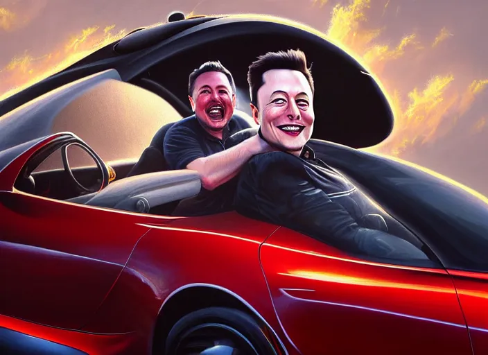 Prompt: highly detailed painting of a grinning Elon Musk as a pirate captain, proudly posing behind the wheel of his Tesla Roadster, artstation, cinematic lighting, hyperdetailed, cgsociety, 8k, high resolution, insanely detailed and intricate, concept art, smooth, sharp focus, illustration, art by John Philip Falter, Art Nouveau, masterpiece