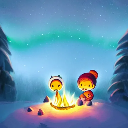 Image similar to two smiling and expressive chibi mushroom characters sitting around a campfire near a frozen forest, tundra setting, dramatic night sky, aurora borealis. very very very beautiful artwork, trending on artstation, digital artwork, cinematic lighting, 4K, amazing artwork, trending on Behance award-winning art