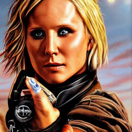 Prompt: a hyperrealistic painting of Kristen Bell as Mad Max by Jason Edmiston,