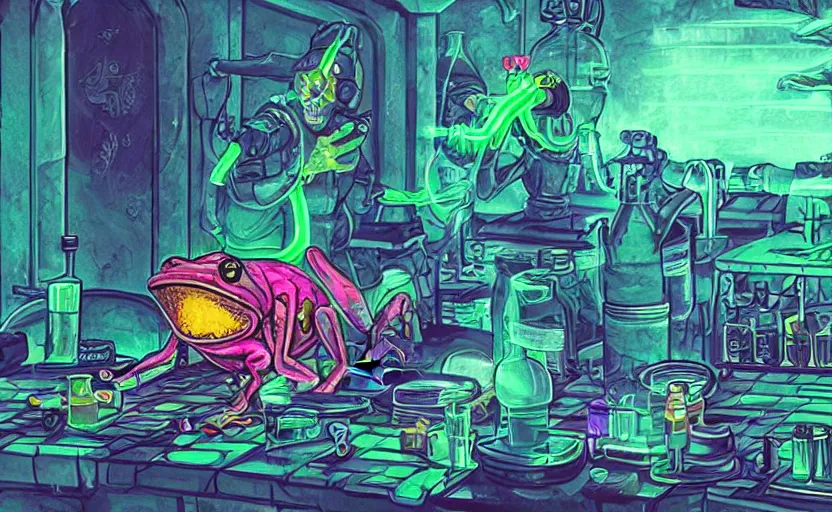 Prompt: an evil cyberpunk frog doctor making a poisonous drink in his alchemist laboratory, synthwave art trending on artstation