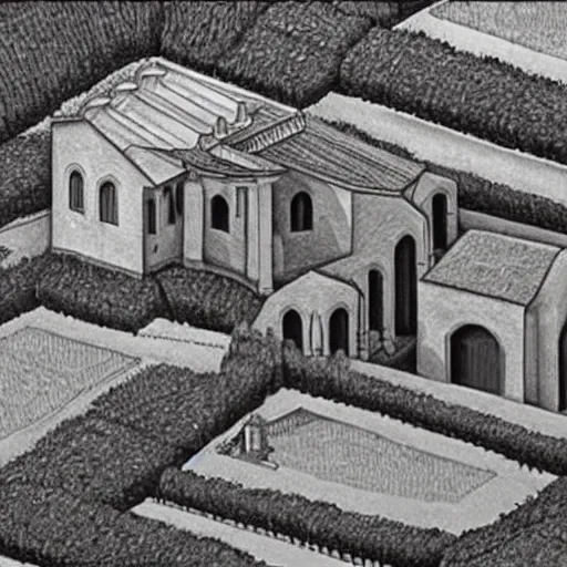 Image similar to Hyperrealism traditional austian church in a vineyard, painting by MC Escher