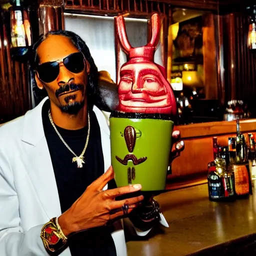 Image similar to snoop dogg at trader vic's bar holding a tiki mug with his face on it