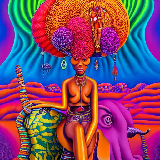 Prompt: a regal and elegant african queen with a colorful afro sitting in a cabana on top of an extremely large steampunk elephant near a pink lake with a large glowing baobab tree, by amanda sage and alex grey and evgeni gordiets in a surreal psychedelic style, oil on canvas 8k, hd