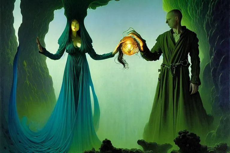 Image similar to the female arcanist and the male artificer by zacharias aagaard and albert bierstadt and gerald brom and zdzisław beksinski and james gilleard and marc simonetti and jean delville, beautiful, robes, highly detailed, hyperrealistic, intricate, energy, electricity, blue flame, low light, green crystal, high contrast