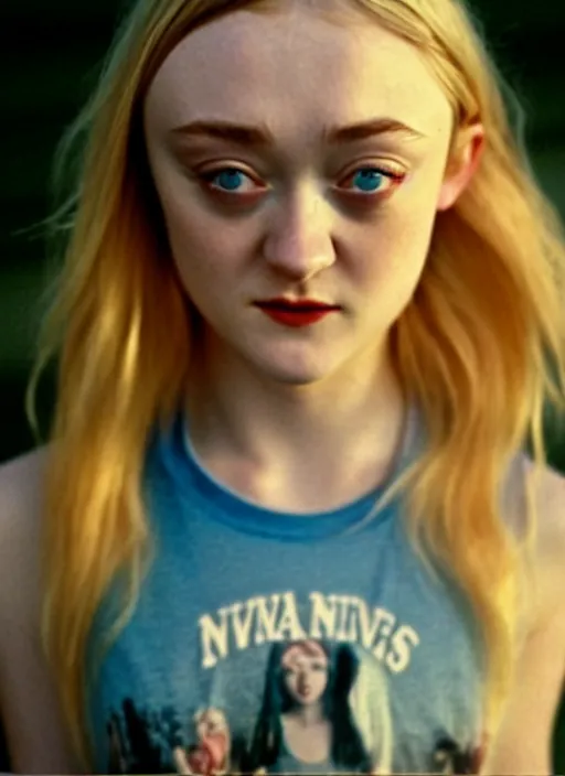 Image similar to aged film still taken of Dakota Fanning dressed in a Nirvana tank-top and blue short shorts while she thinks about her impending death amusingly. soft skin. smooth skin. soft feminine facial features. Pinterest filter. complex detail added after taking the film still at 16K resolution. amazingly epic visuals. epically luminous image. amazing lighting effect, image looks gorgeously crisp as far as it's visual fidelity goes, absolutely outstanding image. perfect film clarity. amazing film quality. iridescent image lighting. Criterion collection. gloriously cold atmosphere. mega-beautiful pencil image shadowing. beautiful face. 16k upscaled image. soft image shading. soft image texture. intensely beautiful image. large format picture. it's a great portrait of the highest quality. Great Pinterest photo. masterfully lit.