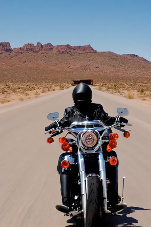 Image similar to riding a harley davidson on a desert road, cinematic