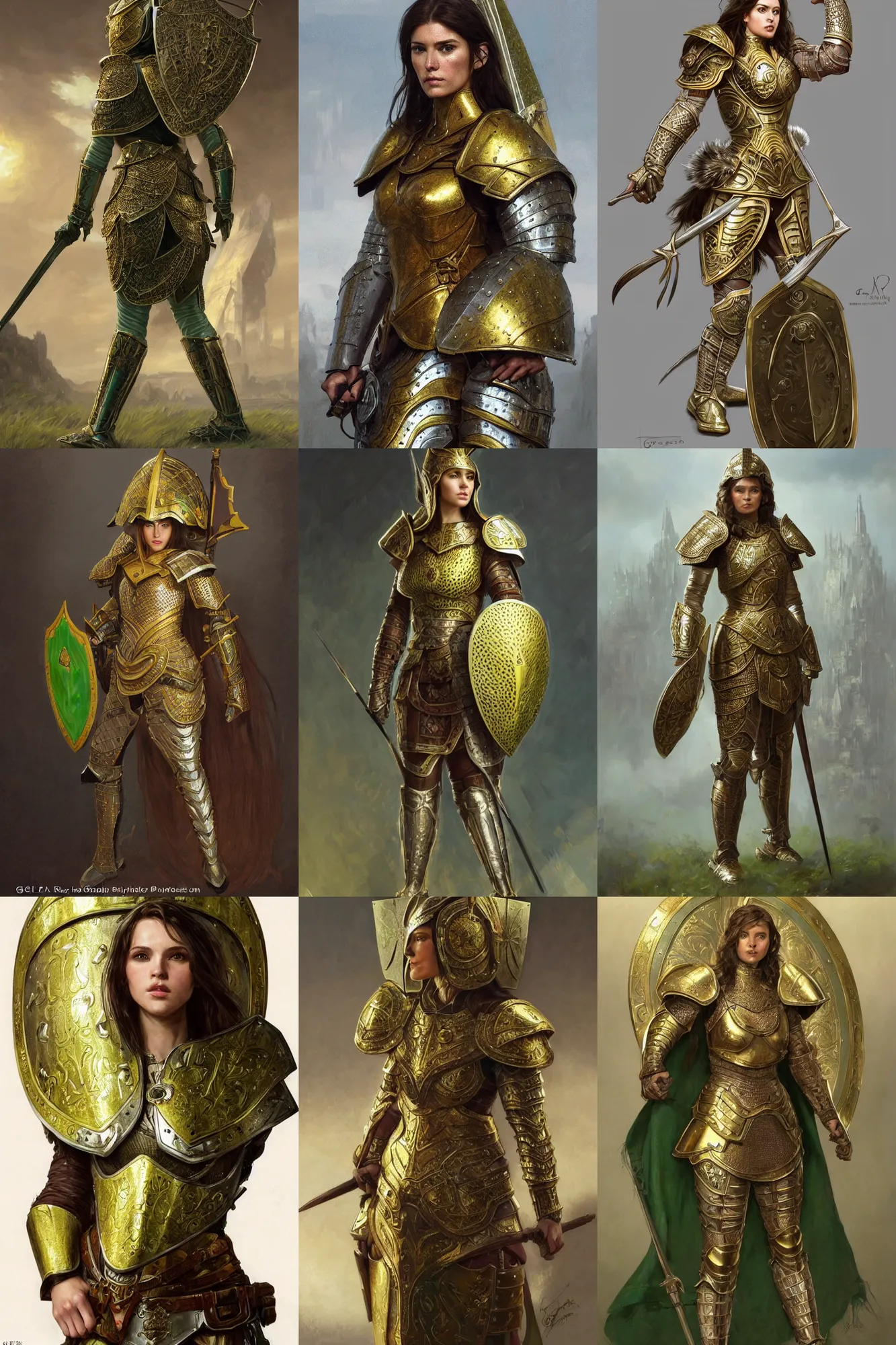 Prompt: full body portrait of a female warrior medium length brown hair and a very very highly detailed face wearing elegant golden plate mail armor intricately painted with green and white accents, holding a rectangular tower shield, very highly detailed, artstation, cgsociety, realistic character concept art, sharp focus, by greg rutkowski, artgerm, and alphonse mucha