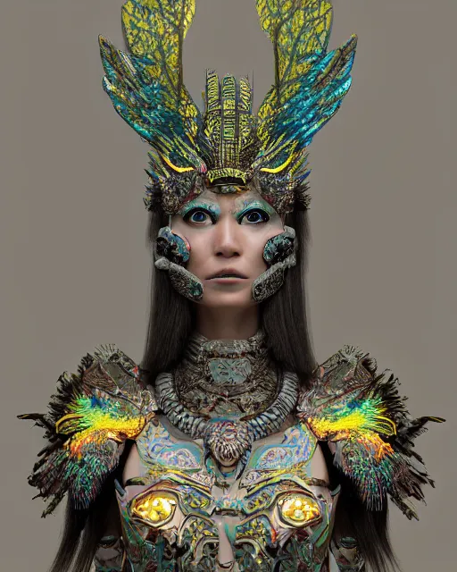 Image similar to 3 d warrior goddess medium shot portrait. beautiful hyperrealistic intricate highly detailed magpie helm broken armor, kintsugi, quetzalcoatl, korean hanbok, bioluminescent, plasma, lava, ice, feather, artwork by tooth wu and chiara bautista, octane 3 d render