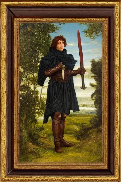 Prompt: frameless painting of a knight holding up his sword, countryside, daytime, beautiful oil painting on canvas, 1 8 5 0, pre raphaelites, in the style of dante gabriele rossetti,