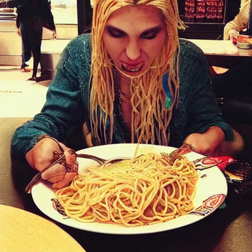 Prompt: “ ke $ ha eating spaghetti at a starbucks, detailed, realistic ”