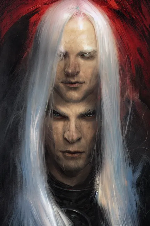 Image similar to portrait of Elric of Melibourne, long white hair, black paper, vivid colors, Long black sword with red glowing runes, by Bastien LeCouffe-Deharme, J. C. Leyendecker, Craig Mullins, Marc Simonetti, greg rutkowski, trending on Artstation