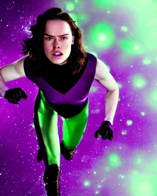 Image similar to photos of beautiful purple skinned actress Daisy Ridley as the Green Lantern soranik natu as she soars thru outer space, purple skin, purple skin colored Daisy Ridley, photogenic, purple skin, short black pixie like hair, particle effects, photography, studio lighting, photographed in the style of Annie Leibovitz