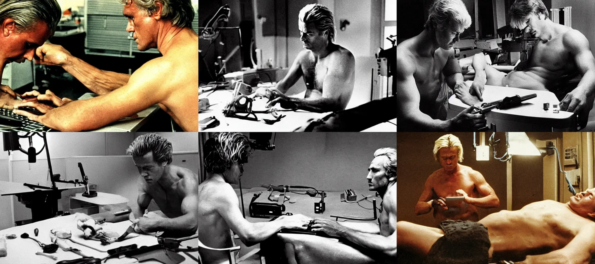 Prompt: dramatic shot of shirtless Geert Wilders performing surgery on a laptop, Stalker (1979) by Andreï Tarkovski, cinémascope, epic ultrawide shot