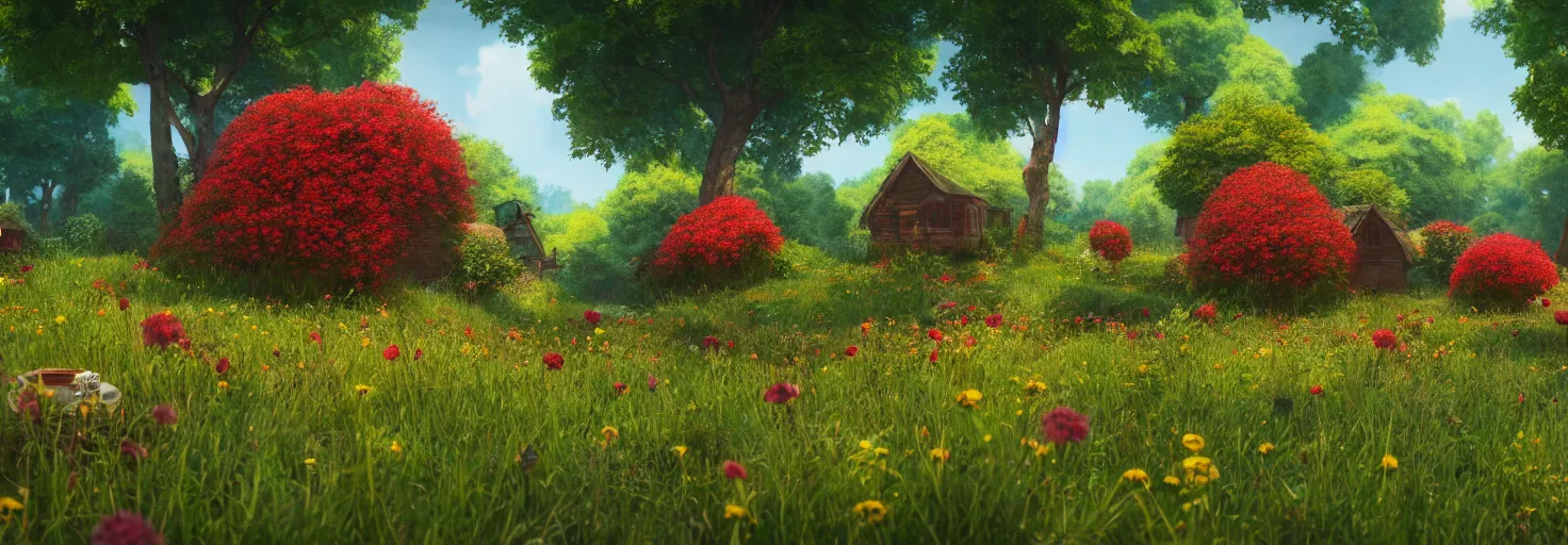 Image similar to a beautiful forest meadow village landscape flowers, crimson - black beehive, happy trees, photorealistic, octane render, rtx, hdr, unreal engine, digital art widescreen 8 k in the style of studio ghibli and bob ross and pixar and bee movie