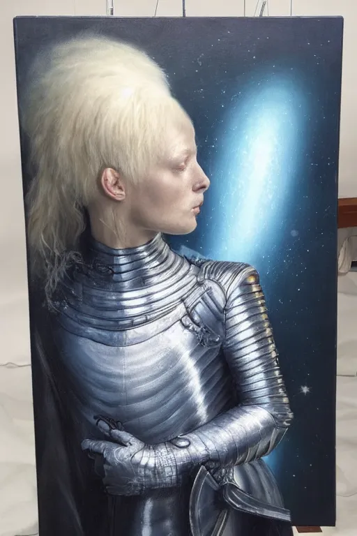 Image similar to hyperrealism oil painting, close - up portrait of albino medieval fashion model, knight, steel gradient mixed with nebula sky, in style of baroque