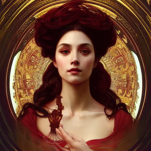 Image similar to portrait of scarlet goddess, intricate, elegant, highly detailed, digital painting, artstation, concept art, smooth, sharp focus, illustration, art by artgerm and greg rutkowski and alphonse mucha and william - adolphe bouguereau