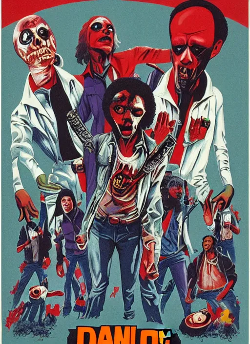 Prompt: Dawn of the Dead (1978) poster, Highly detailed, centered, concept art, smooth, sharp focus, illustration, Wes Wilson, Bonnie MacLean, Stanley Mouse, Alton Kelley, Greg Irons, Lee Conklin