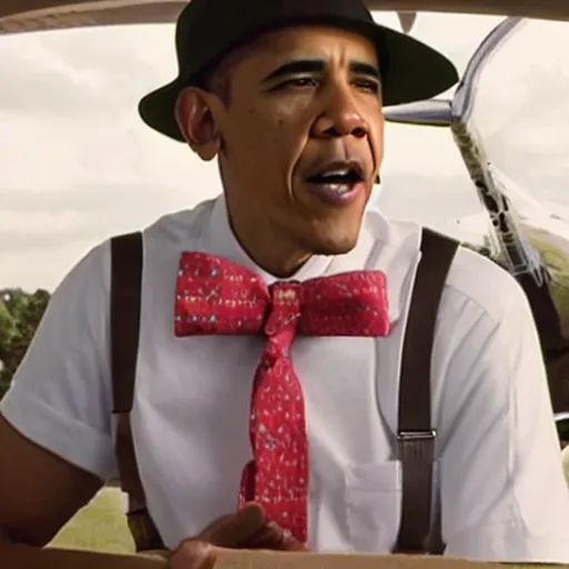 Prompt: obama wearing suspenders and a propeller cap, cap with a propeller on it, propeller hat, still from riverdale