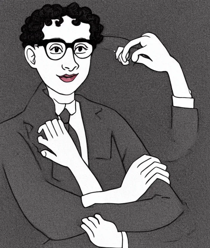 Prompt: jewish young man with glasses, dark short curly hair smiling, illustration in the style of chris van allsburg