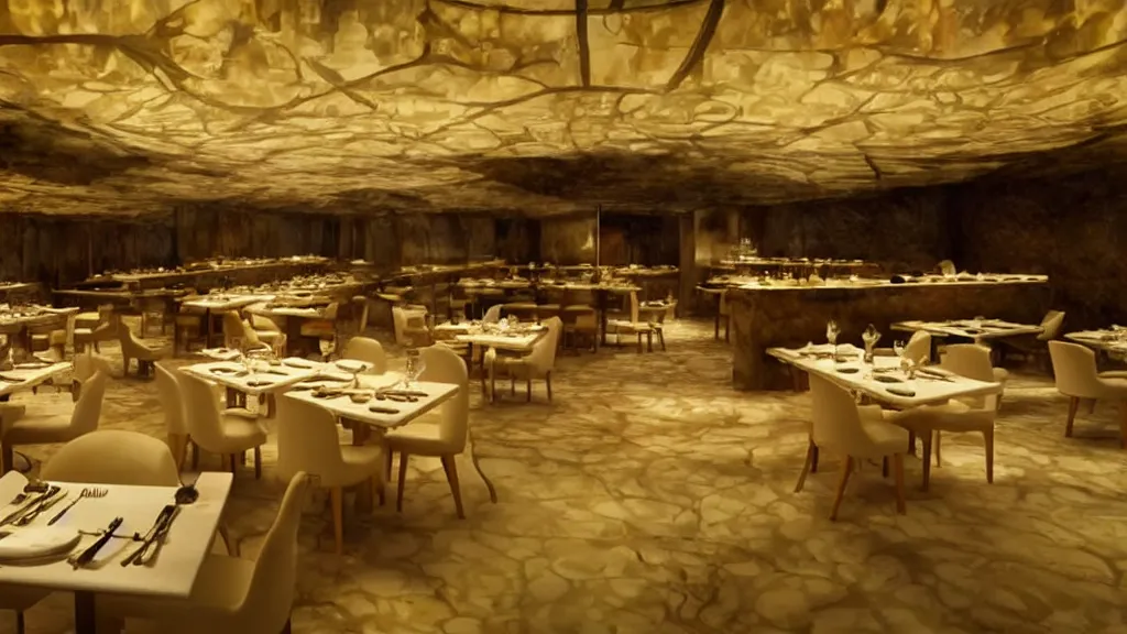 Image similar to restaurant where it looks like your walking on water, film still from the movie directed by Denis Villeneuve with art direction by Salvador Dalí, wide lens