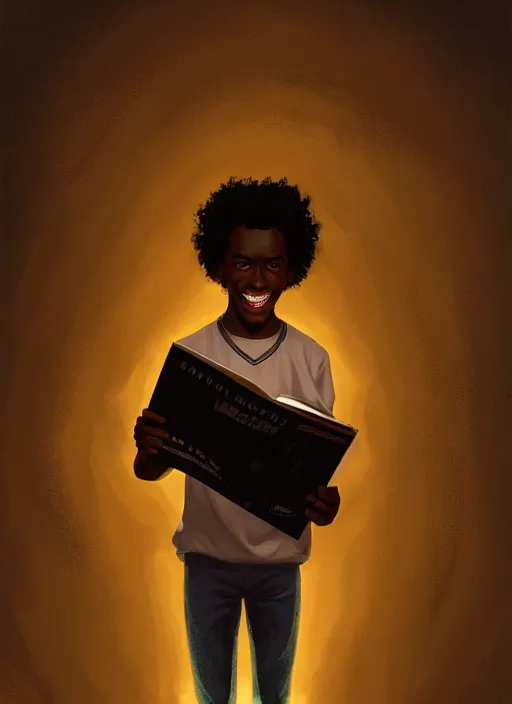 Image similar to portrait of teenage chuck clayton, black teenage boy, short curly hair, short hair square jaw, slight excited smile, reading a comic book, intricate, elegant, glowing lights, highly detailed, digital painting, artstation, concept art, smooth, sharp focus, illustration, art by wlop, mars ravelo and greg rutkowski