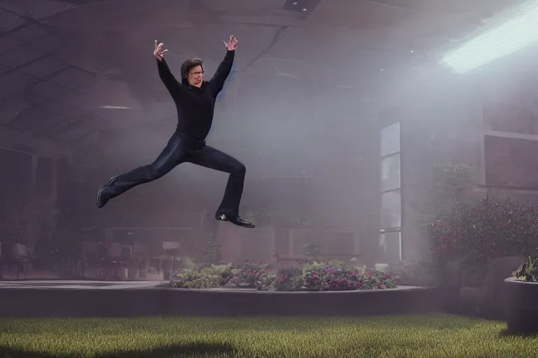 Image similar to a cinematic still of (tom cruise!!!!!), jumping, oprah winfrey show, ((((octane render, nvidia raytracing demo))))