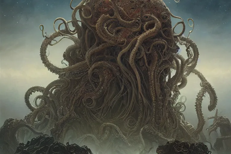 Prompt: a lovecraftian painting of cthulhu rising, cosmic horror elements, ultra realistic, concept art, intricate details, eerie, highly detailed, photorealistic, octane render, 8 k, unreal engine. art by artgerm and greg rutkowski and alphonse mucha