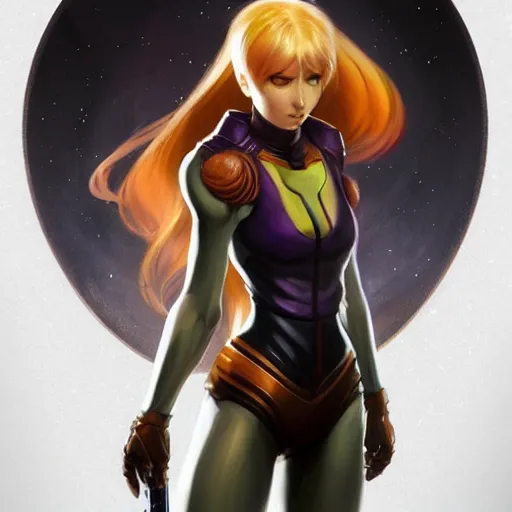 Image similar to samus aran with as a witch, highly detailed, digital painting, artstation, concept art, matte, sharp focus, illustration, art by artgerm and greg rutkowski and alphonse mucha