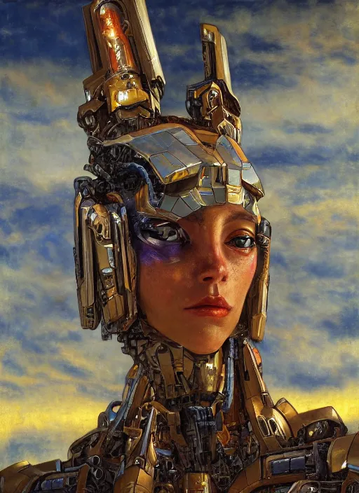 Image similar to biblical shy beautiful female mecha mage android robot casting spells, heavy eyes to the side, closeup, bright glowing veins, in clouds, sunset, portrait, by gerald brom, by mikhail vrubel, by peter elson, muted colors, extreme detail, reflections, trending on artstation, 8 k