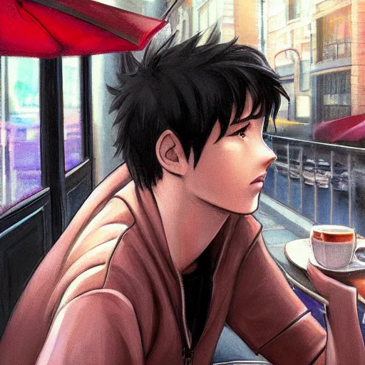Image similar to a male teenager sitting on a cafe and looking to a window, artgerm, anime style, pixar and disney style, path traced, color painting, anatomically correct, cinematic, high coherence, highly detailed, high quality, serene scene, colorful, symmetrical, beautiful, elegant, short black hair, vintage, realistic and detailed face