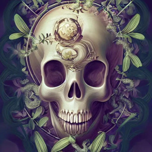 Prompt: beautiful classical holy decorative ornament, sacred skull, all - seeing eye, wood - ear mushrooms, acanthus scrolls, lilies, ivy, anatomy, energy, geometry, magnolia, bones, petals, stems, ceremonial clouds, dripping paint, fibonacci rhythm, artstation, art germ, wlop