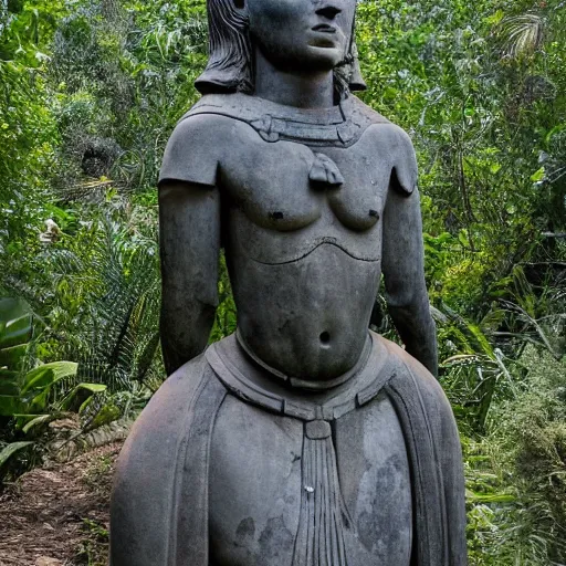 Prompt: ancient aztec statue of leonardo di caprio in the middle of a jungle
