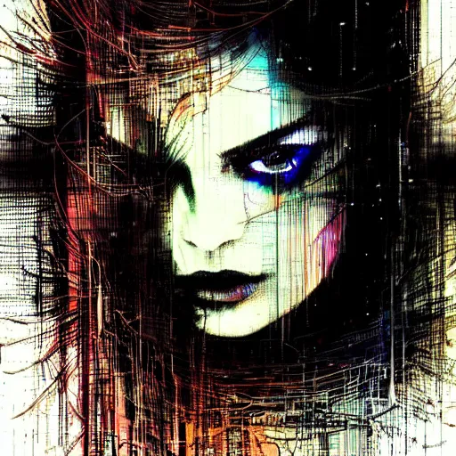 Image similar to portrait of a hooded beautiful women, mysterious, glitch effects over the eyes, shadows, by Guy Denning, by Johannes Itten, by Russ Mills, centered, glitch art, innocent, clear skin, smooth, hacking effects, chromatic, cyberpunk, color blocking, digital art, concept art, abstract